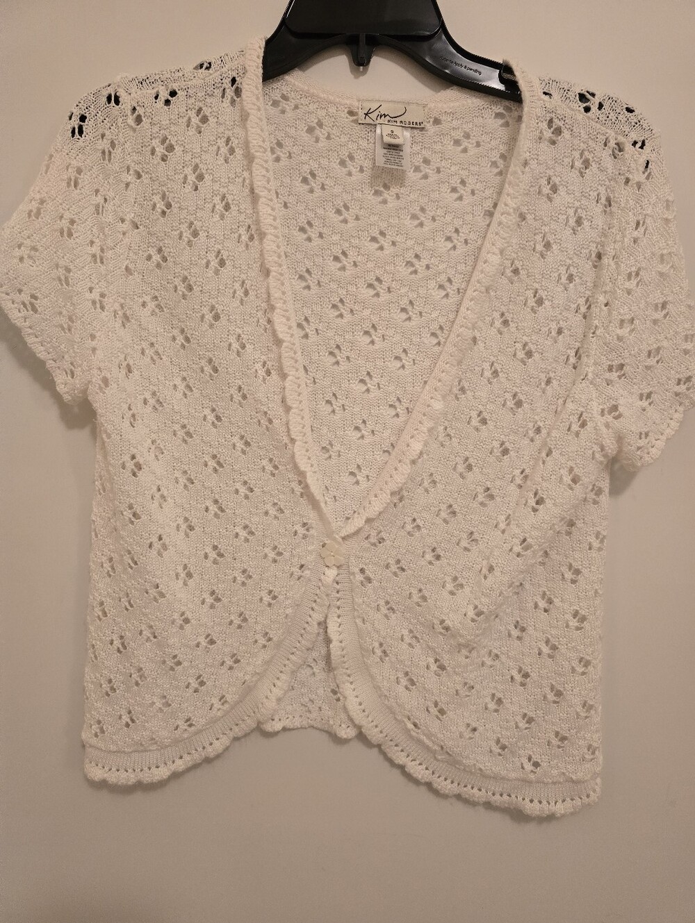 Kim Rogers White Openwork Knit Short-Sleeve Cardigan